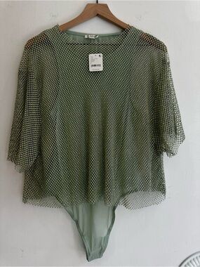 Free People Olive Metallic Mesh Bodysuit Top